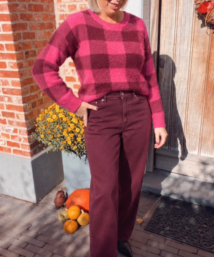 ICHI Check Knit – Pink/Burgundy